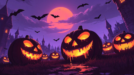 Halloween background with scary pumpkins and castle. Vector illustration.の素材