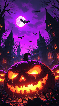 Halloween background with haunted castle, pumpkins and bats. Vector illustration.の素材
