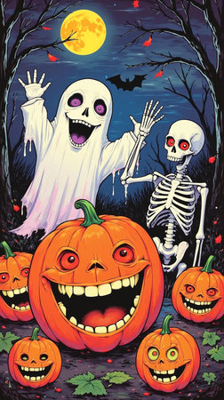 Halloween background with scary pumpkins and ghosts. Vector illustration.の素材