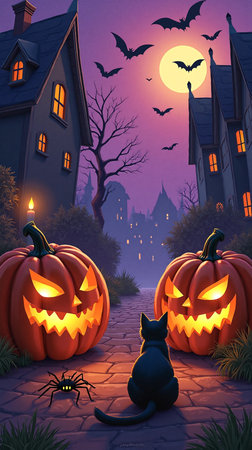 Halloween background with pumpkins and black cat in front of haunted houseの素材