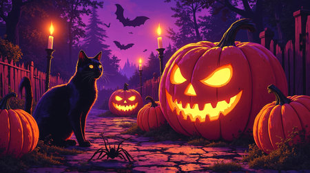 Halloween pumpkins and black cat in the cemetery, vector illustrationの素材