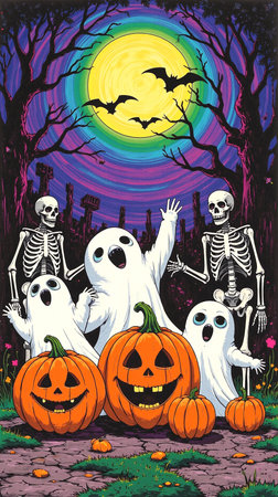 Halloween background with pumpkins and ghosts. Vector illustration for your designの素材