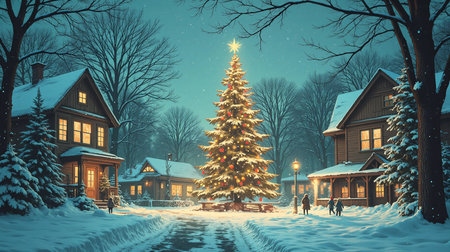 Christmas tree illuminating winter village at night under falling snowの素材