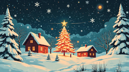 Winter wonderland with a decorated Christmas tree and cozy cabins under starry skyの素材