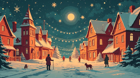Winter village celebration with snow-covered houses under a starry night skyの素材
