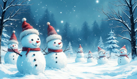 Snowmen wearing hats and scarves celebrating Christmas in a winter landscapeの素材