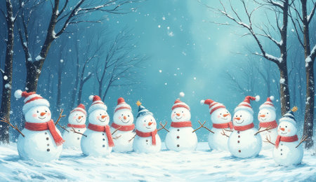 Snowmen gathering in a snowy winter landscape with trees and snowfallの素材