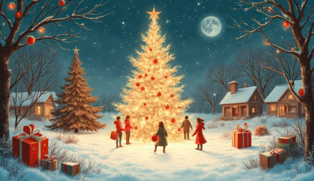 Brightly lit Christmas tree surrounded by people celebrating winter holiday joy.の素材