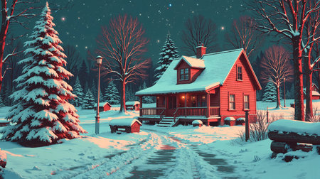 Cozy red cabin nestled among snow-covered trees with a winter landscapeの素材