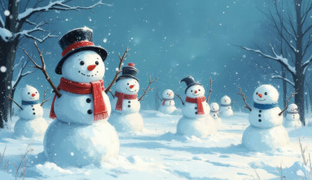Snowmen wearing hats and scarves standing in a snowy winter landscape under snowfallの素材
