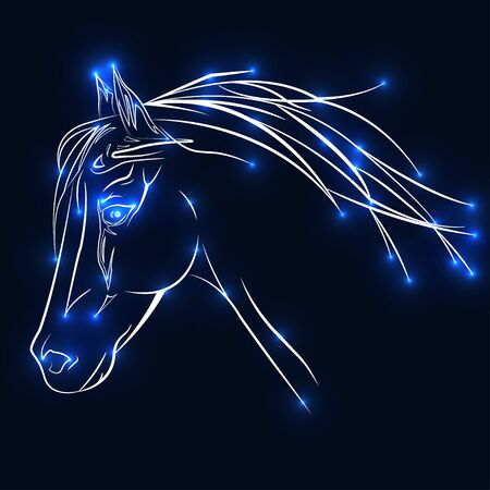The horse consists of luminous points. Vector illustration of a starry sky. The construction of the light connection.のイラスト素材