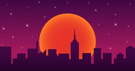 Night city at full moon and starsのイラスト素材