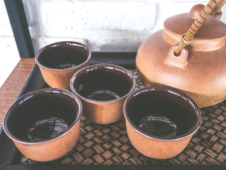 Set tea cup on wooden tabelの写真素材