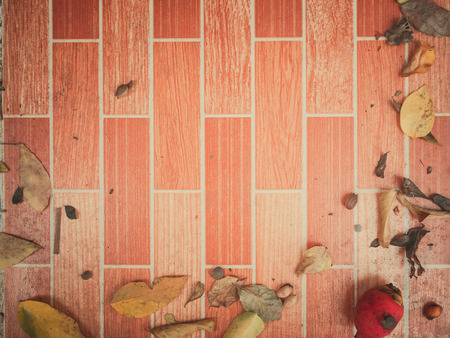 Brown tile texture with dried leaf background.の写真素材
