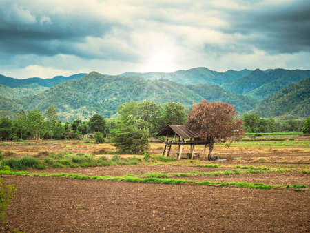 An old hut beside a dry tree in the fields waiting to be planted against a natural mountain background scene. With the rising sun.の写真素材