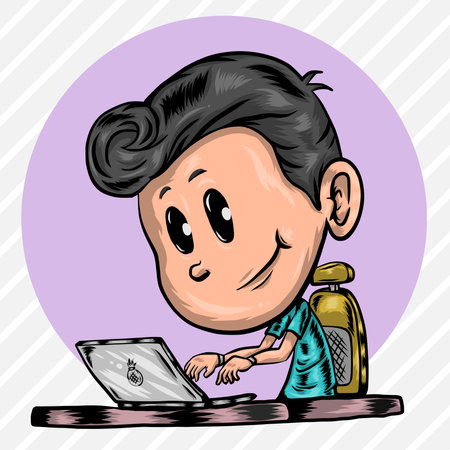 A boy playing with laptopのイラスト素材