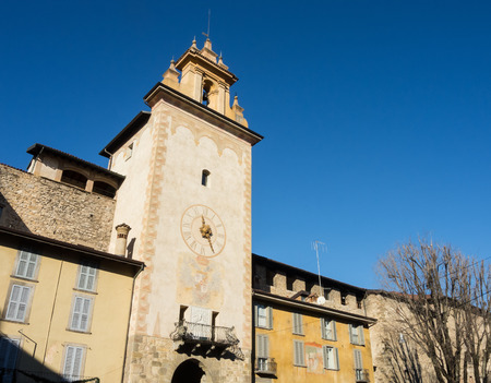 Bergamo - Old city (Citta Alta). One of the beautiful city in Italy. Lombardy. The clock tower close to Roncalli historical building During a wonderful blue sky.の写真素材