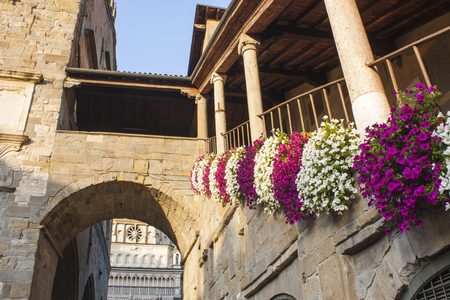 Bergamo - Old town. Landscape on the ancient Administration Headquarter called Palazzo della Ragione and the clock tower called Il Campanoneの写真素材