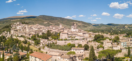 Spello, one of the most beautiful small town in Italy. Drone aerial view of the villageの写真素材