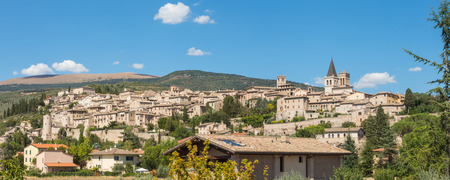 Spello, one of the most beautiful small town in Italy. Skyline of the village from the landの写真素材