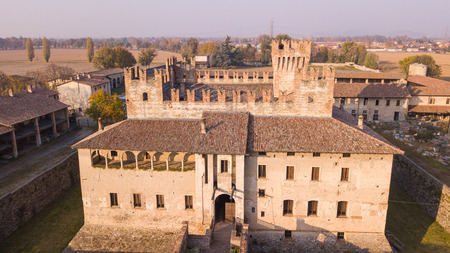 Cavernago, Bergamo, Italy. Aerial view of the castle of Malpaga during the autumn seasonのeditorial素材