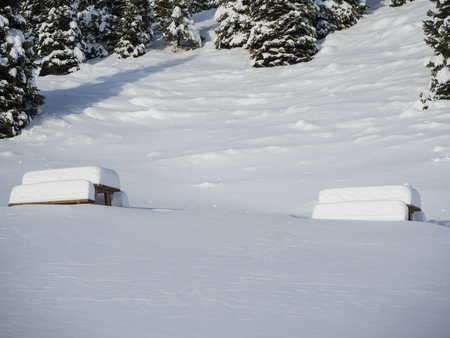 Picnic tables covered with snow flakes