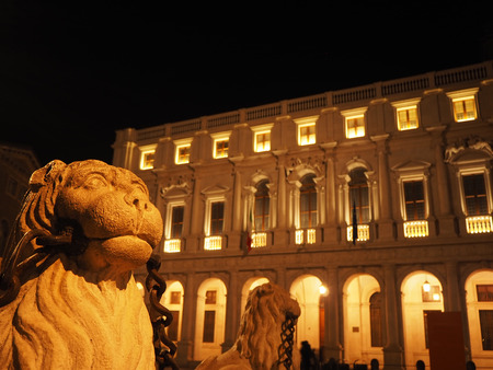 Bergamo - Old city (Citta Alta). One of the beautiful city in Italy. Lombardy. Landscape on the public library (called Angelo Mai) and Contarini fountainの写真素材