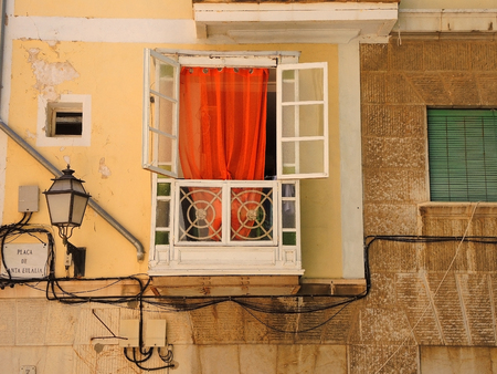 Palma de Mallorca, Spain. The typical balconies on the facades of the buildings and houses in the old city centerのeditorial素材