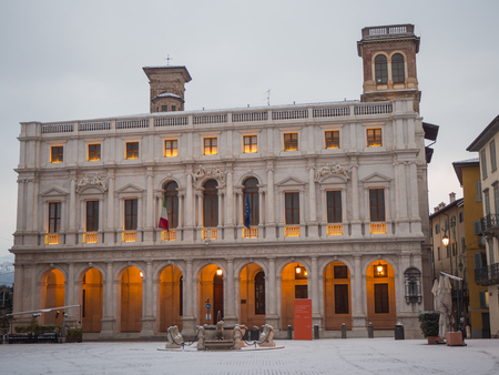 Bergamo, Italy. The old city (Citta Alta). One of the beautiful city in Italy. Lombardy. The old main square and the public library after a snow fallのeditorial素材