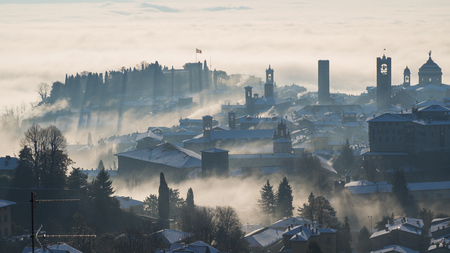 Bergamo, one of the most beautiful cities in Italy. Lombardy. From the plains and covers the old townの写真素材