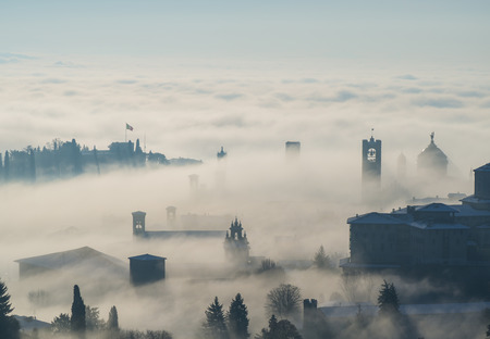Bergamo, one of the most beautiful cities in Italy. Lombardy. From the plains and covers the old townの写真素材