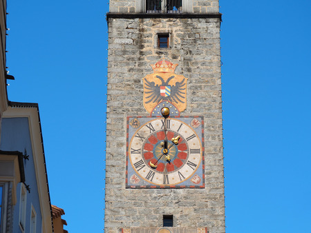 Vipiteno, Bolzano, Trentino Alto Adige. The tower of the Twelve in the pedestrian street of the...