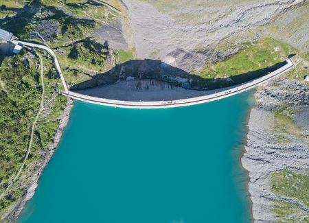 Up and down drone aerial view of the Lake Barbellino in an alpine artificial lake. Italian Alps. italyの写真素材