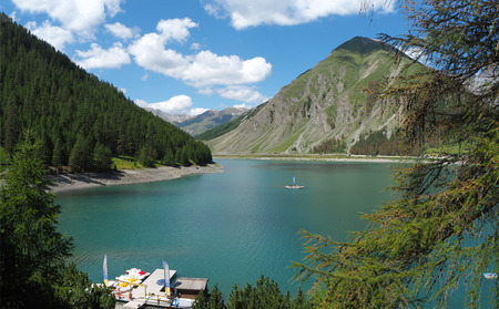 Aerial view of Lake Livigno with canoes and pedal boats. Italian Alps. italyのeditorial素材
