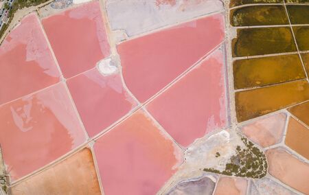 Drone perspective of the grounds colors and shapes. Salt flats Mallorca, Spain
