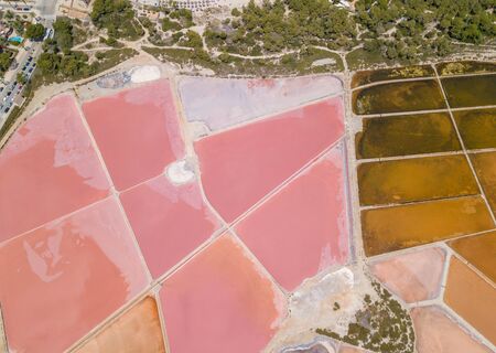 Drone perspective of the grounds colors and shapes. Salt flats Mallorca, Spainの写真素材