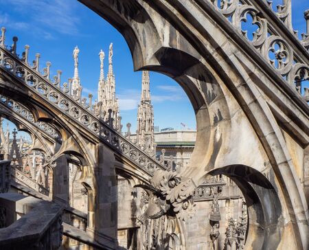 Milan, Italy. The spirits of white marble that adorn the entire cathedral. The Duomo is the most famous landmark in Milanの写真素材