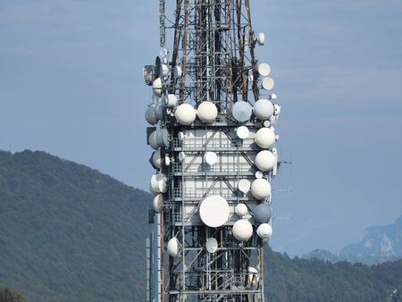 Group of antennas, satellite dishes for telecommunications, television broadcast, cellphone, radio...