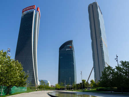 Milan, Italy. The iconic Generali, Allianz and PWC towers at CityLife district. Skyscraper which is part of a group of residential and business buildings. Modern buildingsのeditorial素材