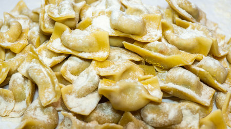 A kind of ravioli, casoncelli, home made traditional food of the Bergamo area, Italy. Delicious Italian foodの写真素材