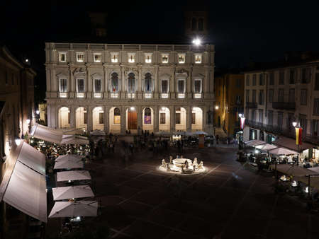 Bergamo, Italy. The old town. View at the public library at the old main square during the evening. Bergamo one of the beautiful city in Italy. Touristic destinationのeditorial素材