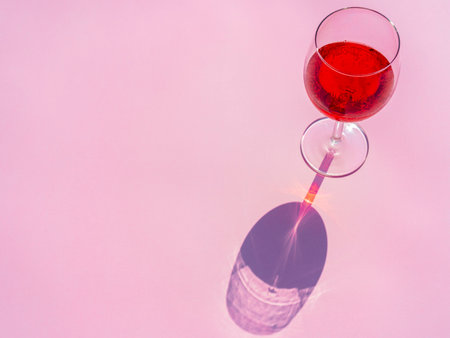 Alcoholic red aperitif in crystal glass. Glass isolated on pink background. Projection of the shadow of the glassの写真素材