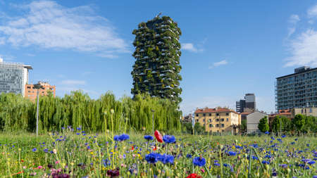 Milan, Italy. Bosco Verticale, view at the modern and ecological skyscraper with many trees on each balcony. Modern architecture, vertical gardens, terraces with plantsのeditorial素材