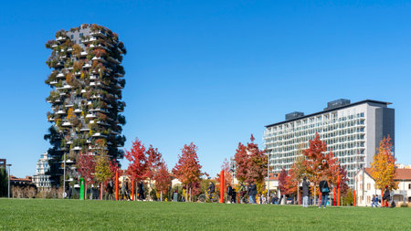 Milan, Italy. Bosco Verticale, view at the modern and ecological skyscraper with many trees on each balcony. Modern architecture, vertical gardens, terraces with plantsのeditorial素材