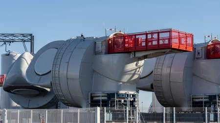 Saint Nazaire, France. View of the generator assembled on the upper part of the wind turbine. Big...