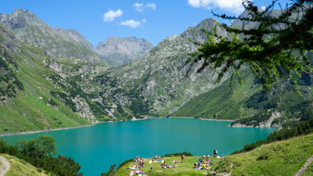 Landscape of the Lake Barbellino an alpine artificial lake. Turquoise water. Italian Alps. Italy. Orobie. Summer time. Relaxing contestのeditorial素材