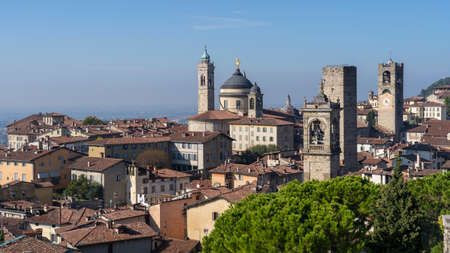 Bergamo, Italy. The old town. Landscape at the city center, the old towers and the clock towers from the ancient fortress called La rocca. Bergamo best of Italy and touristic destinationのeditorial素材
