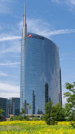 Milan, Italy. The iconic Unicredit tower at Gae Aulenti square. Skyscraper which is part of a group of residential and business buildings. Architectural modern buildingsのeditorial素材