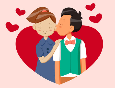 Illustration of Cartoon boy kissing his girlfriend on valentine's dayのイラスト素材