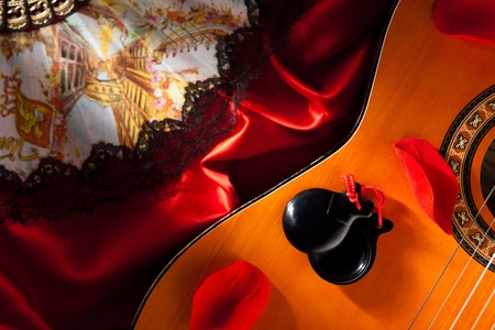 Castanets with Guitar, Hand Fan and Rose Petalsの写真素材